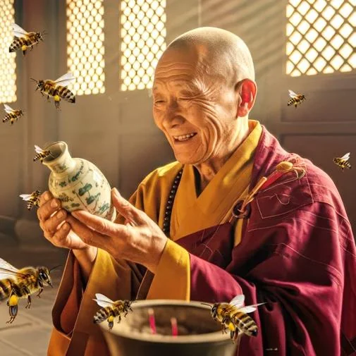 Elderly healer holding a vessel surrounded by bees